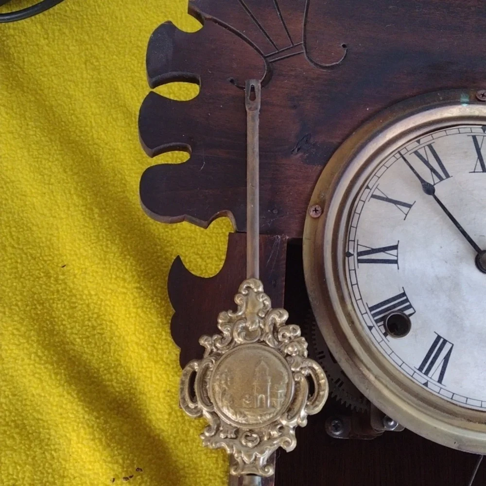 Antique October Moon CHERRY Wood Wall Clock with Gold Pendulum & Accents